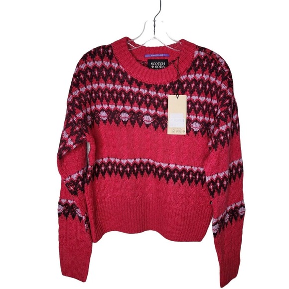 NWT Scotch & Soda Womens Sz Med Fair Isle Cable Knit Pink Red Sweater pullover - Picture 1 of 9